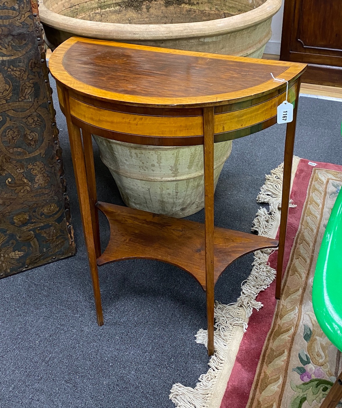 A George III style satinwood banded D shape console table, width 64cm, depth 33cm, height 76cm